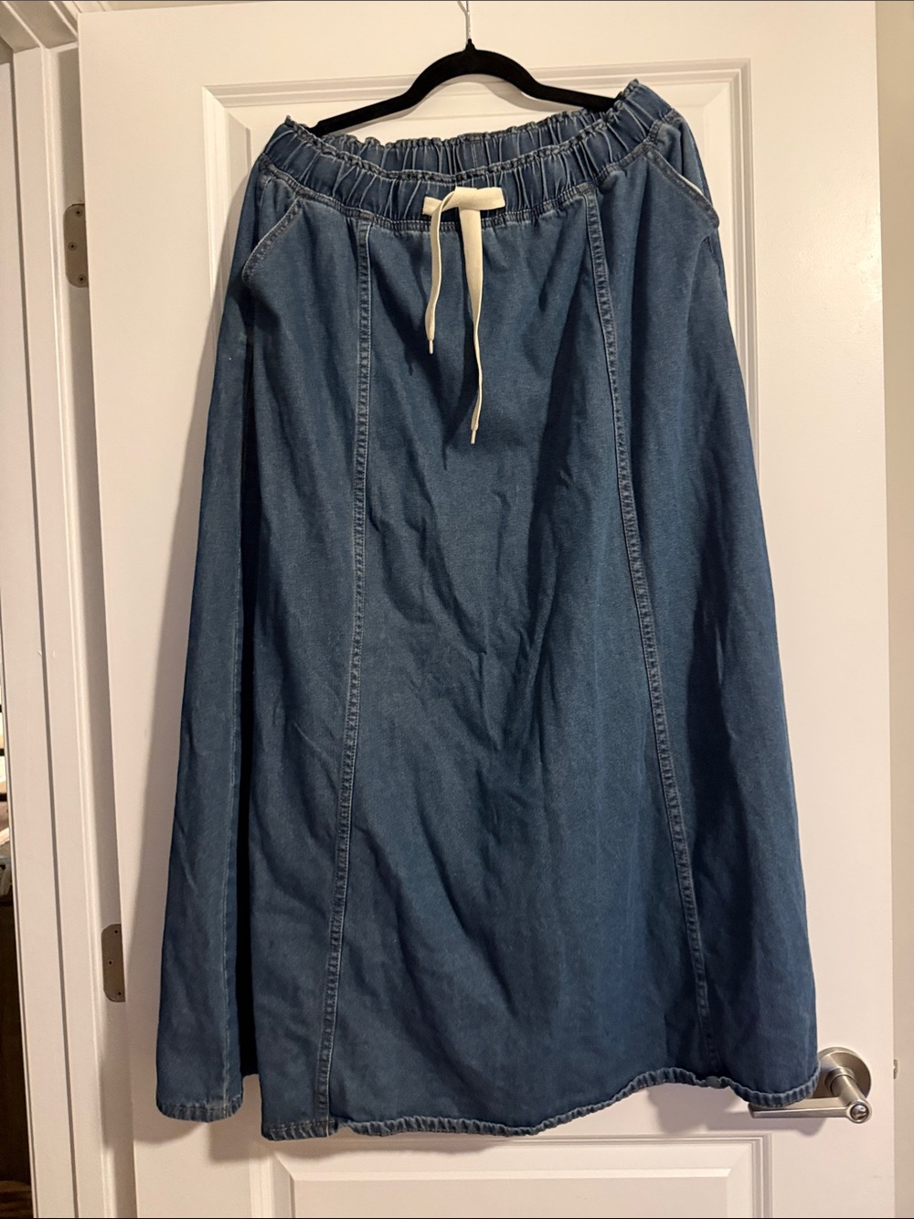 Denim Maxi Skirt with Drawstring Waist - Blue